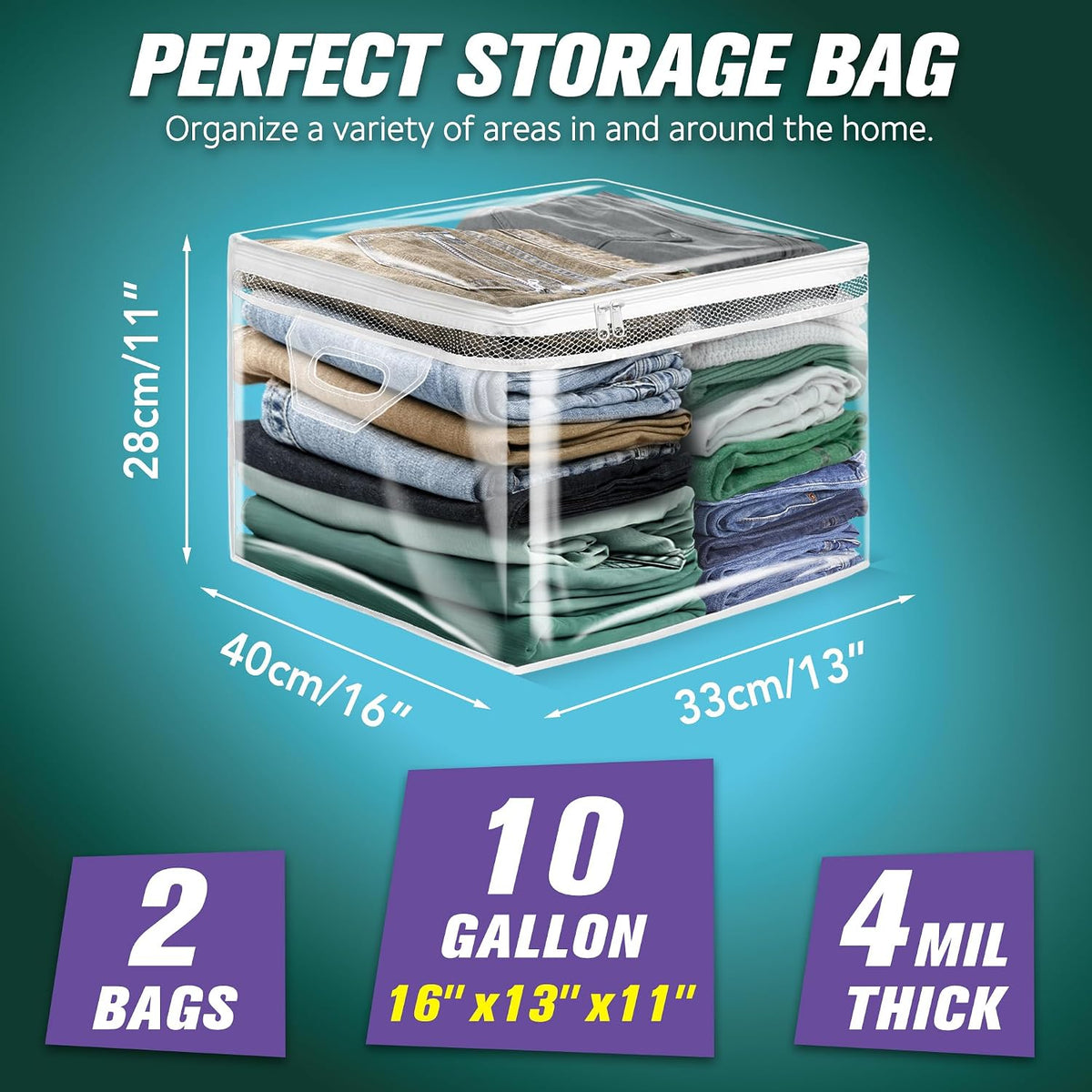 HIBAG 20 Gallon Large Storage Bag for Clothes, Zipper Clothing Storage Bag, Clear Organizer with Reinforced Handles, for Comforters Blankets Pillows Bedding
