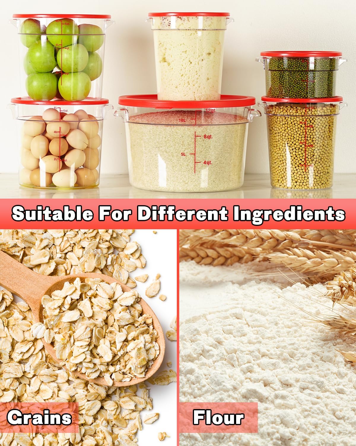 4QT NSF Food Storage Containers: 8 PCS [Food Grade][Hot&Cold Resistant] Commercial Clear Food Storage Containers with Lids for Restaurant Kitchen Proof Dough, Measuring Spoons Included(BPA FREE) - Colors B