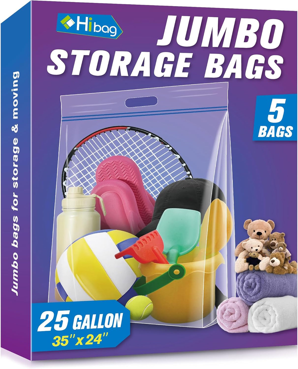 HIBAG 25 Gallon Jumbo Storage Bags, 35” x 24” Resealable Clear Bags with Handle, Extra Large XL Heavy Duty for Clothes Pillow Travel Moving, Pack of 3