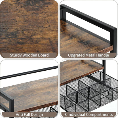 Tea Bag Organizer - 13"×7.9"×6.4" Wooden Tea Bag Holder with 8-Compartment Pull-Out Metal Mesh Drawer, Anti-Fall Guardrail Teabag Organizers and Storage Chest for Kitchen & Desk Countertop