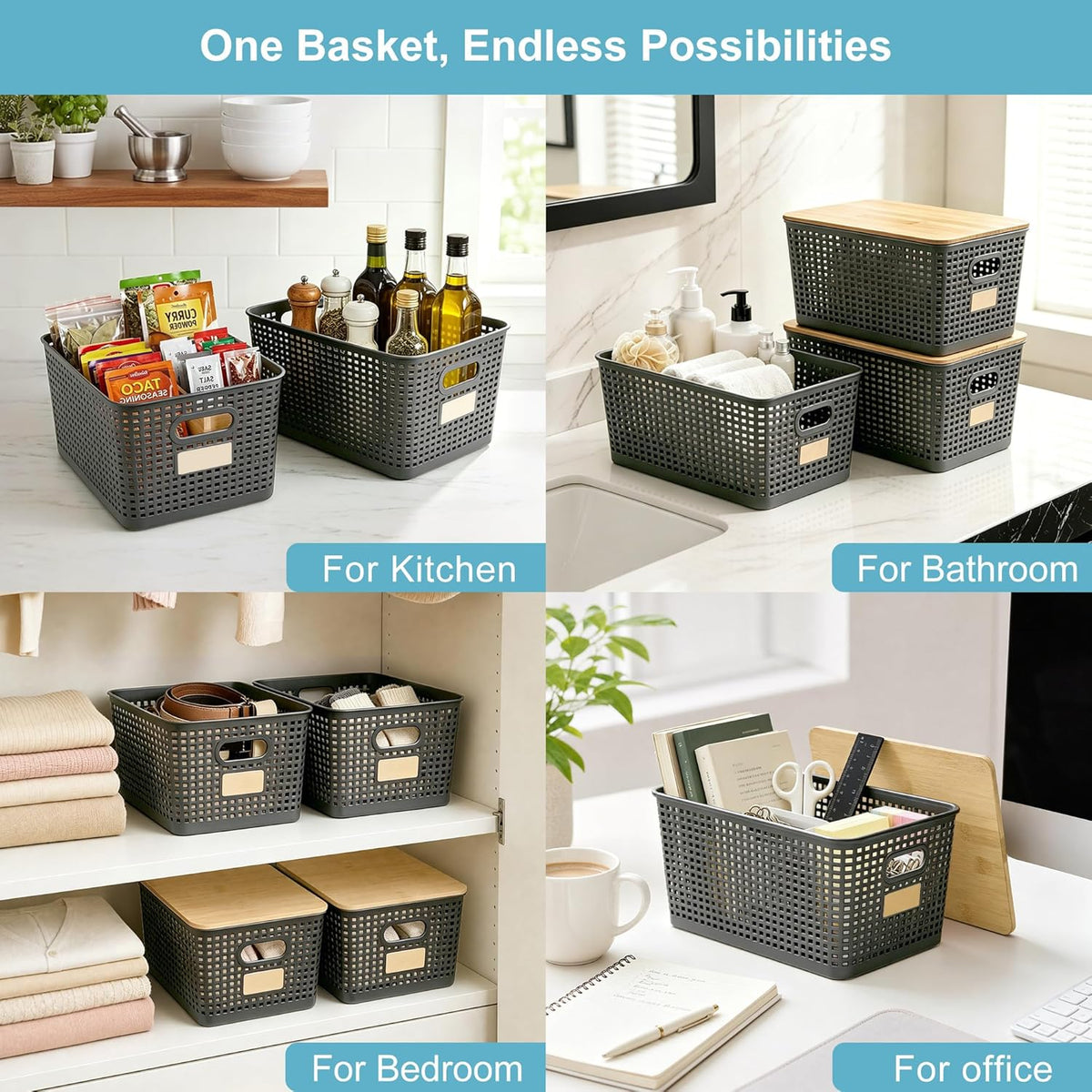 Bagnizer Small Plastic Storage Bins with Bamboo Lids 5.2qt Stackable Box Basket Pantry Decorative Containers Cute with Labels for Organizing Desktop Closet Office Cream White of 10*7.2*4.1"