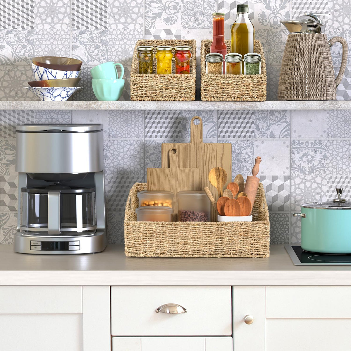 Set of 3 Handwoven Storage Baskets – Decorative Natural Wicker Organizer Bins with Built-in Handles for Bathroom, Kitchen, Pantry, Nursery, Closet, Laundry, Living Room, and Home Use