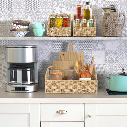Set of 3 Handwoven Storage Baskets – Decorative Natural Wicker Organizer Bins with Built-in Handles for Bathroom, Kitchen, Pantry, Nursery, Closet, Laundry, Living Room, and Home Use