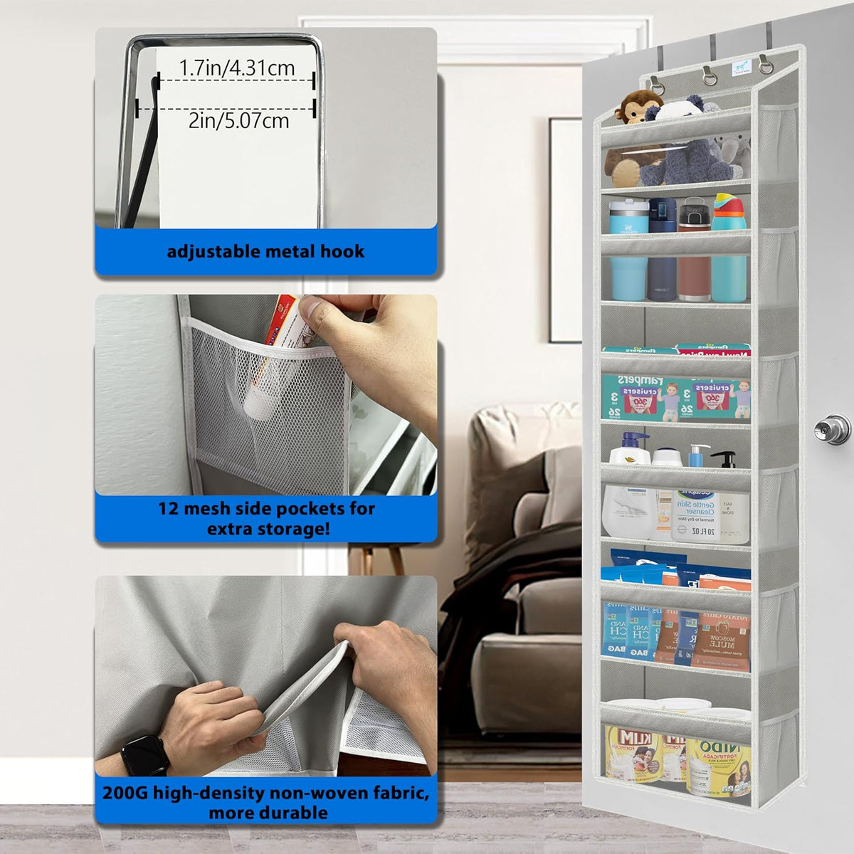 Over the Door Organizer Storage 6 Tier, 12 Large Capacity Side Pockets, Heavy Duty Metal Reinforced Hook Anti Tilt 75 LB Load Behind Door Storage for Bedroom Bathroom Pantry Nursery