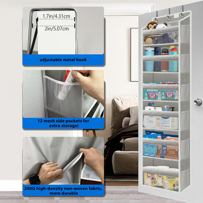 Over the Door Organizer Storage 6 Tier, 12 Large Capacity Side Pockets, Heavy Duty Metal Reinforced Hook Anti Tilt 75 LB Load Behind Door Storage for Bedroom Bathroom Pantry Nursery