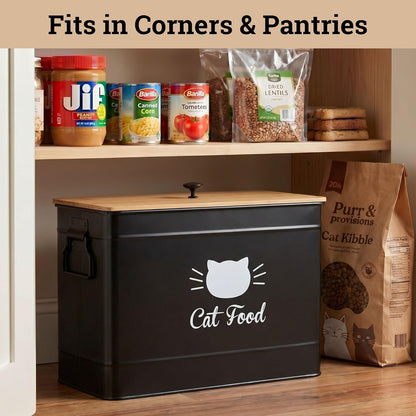 Cat Food Storage Container with Scoop - 15 lb (50 Cup) Capacity Metal Cat Food Container with Airtight Bamboo Lid & Metal Scoop - Airtight Pet Food Storage Containers - 15 lb Treats & Kibble Container