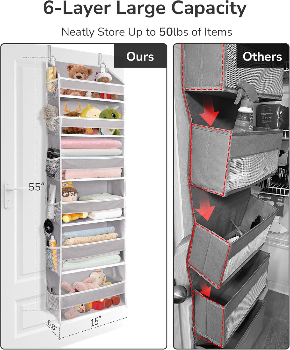 ULG Over The Door Organizer with 6 Large Pockets 12 Side Pockets, 50lbs Weight Capacity Door Hanging Organizer for Bedroom, Bathroom, Pantry, Nursery Storage, Beige
