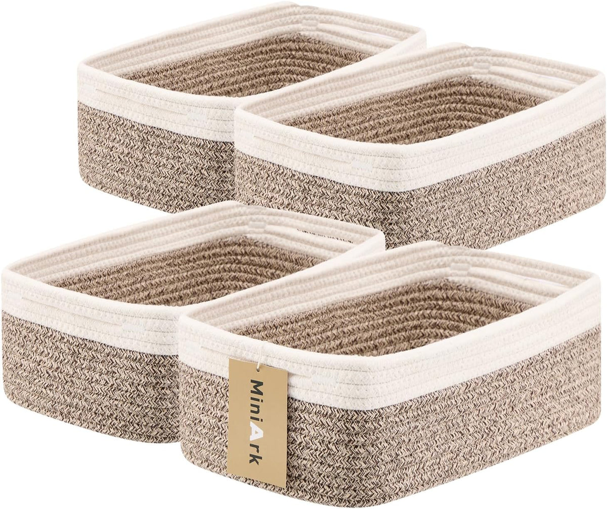 MiniArk Small Storage Baskets for Organizing | Closet Organizer Bins | Shelf Toy Basket | Woven Rope Baskets | Cube Decorative Box | Shallow Basket | L11.5xW7.5xH4.7| Brown