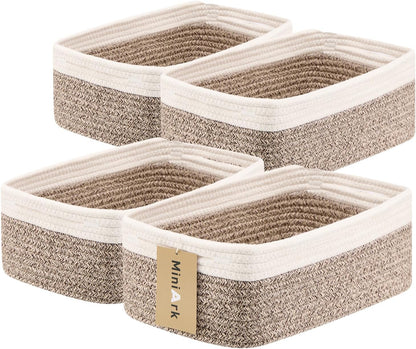 MiniArk Small Storage Baskets for Organizing | Closet Organizer Bins | Shelf Toy Basket | Woven Rope Baskets | Cube Decorative Box | Shallow Basket | L11.5xW7.5xH4.7| Brown