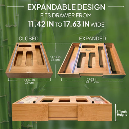 3" Slim 6-in-1 Expandable Storage Bag Organizer Kitchen Drawer - Bamboo Baggie Organizer for Drawer, Aluminum Foil & Saran Wrap Cutter, Plastic, Gallon, Quart & Sandwich Bags (11.5"-17.63" Wide)