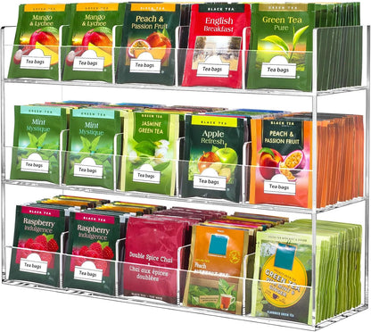 BEYGORM Acrylic Tea Bag Organizer for 216 Tea Packets, No Assembly Required, Display Holder for Countertop, Vertical Tea Bag Caddy for Cabinet, Tea bar Accessories, Teabags Storage Containers