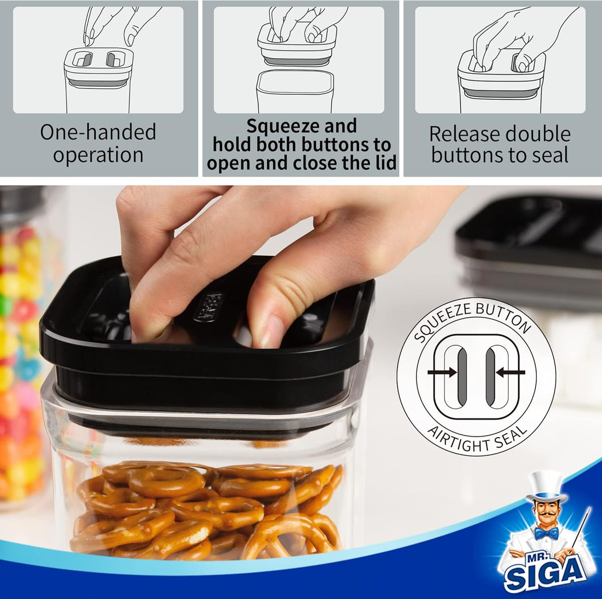 MR.SIGA 6 Piece Airtight Food Storage Container Set, BPA Free Kitchen Pantry Organization Canisters, One-handed Kitchen Storage Containers for Cereal, Spaghetti, Pasta, White