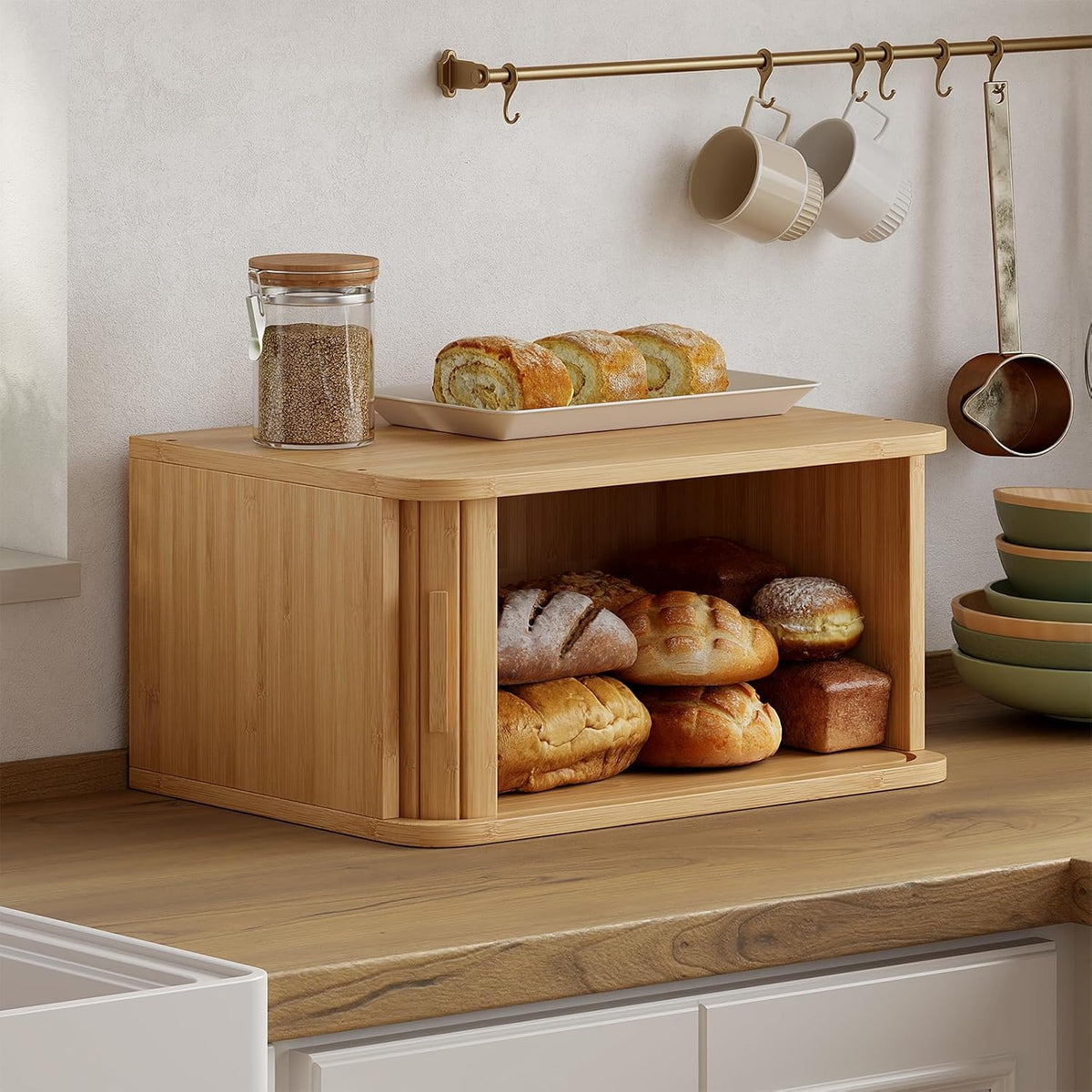 WOWLIVE Bread Box for Kitchen Countertop, Large Roll Top Bread Boxes with Sliding Door, Airtight Bread Storage Container for Loaves, Pastries & Bagels, Bamboo Counter Organizer (Natural, Medium)