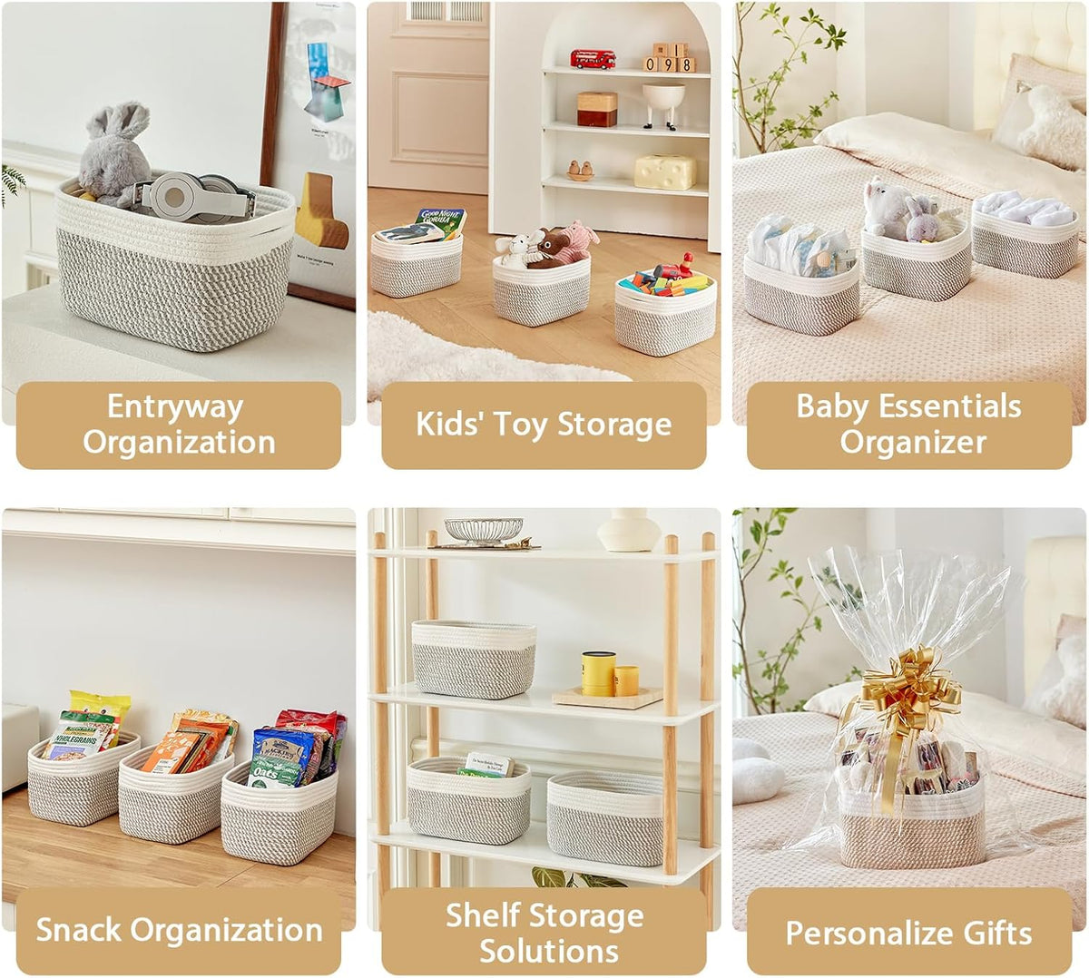 R RUNKA Small Cotton Rope Basket – Storage Bin for Organizing (10.6" x 6.7" x 6.7"), Bathroom Storage Basket for Shelf, Counter & Closet（Beige）
