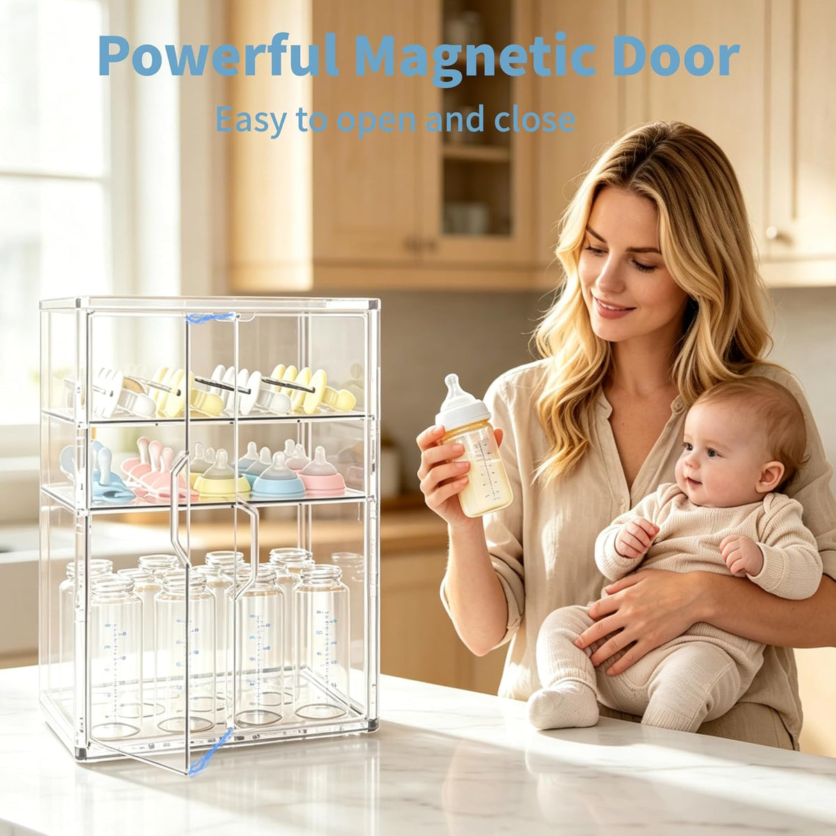 Baby Bottle Organizer, 3 Tiers Adjustable Bottle Storage Container for Countertop, Acrylic Bottle Station with 2 Removable Dividers and Double Magnetic Doors, Suitable for Kitchen Bathroom Vanity