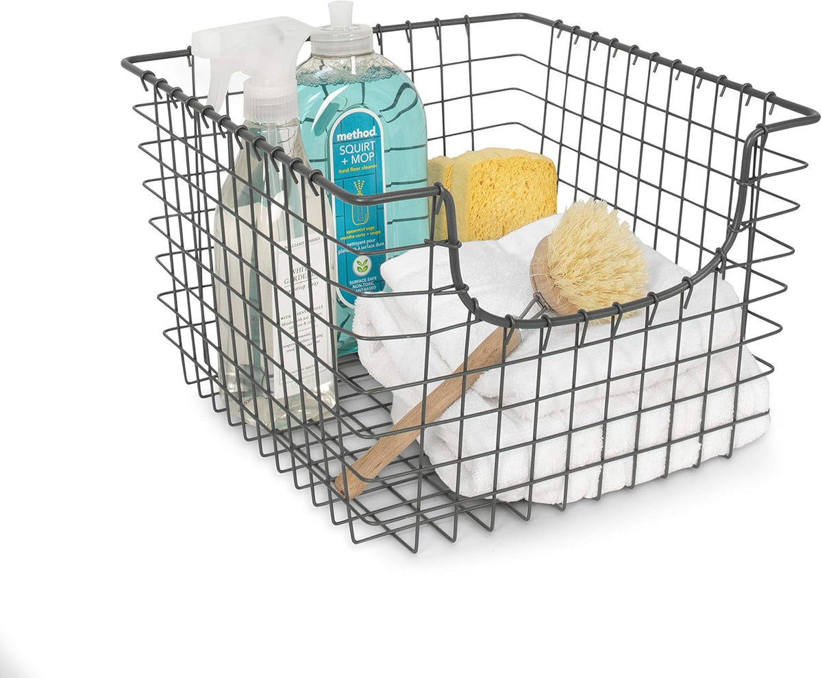 Spectrum Wire Scoop Basket Storage Bin Industrial Gray Medium Metal Wire Basket Organizer for Kitchen Pantry Wire Storage Bins, Heavy Duty Rectangle Wire Storage for Kitchen Organization