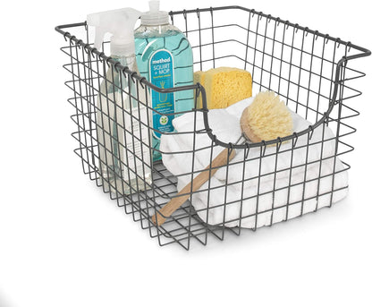 Spectrum Wire Scoop Basket Storage Bin Industrial Gray Medium Metal Wire Basket Organizer for Kitchen Pantry Wire Storage Bins, Heavy Duty Rectangle Wire Storage for Kitchen Organization