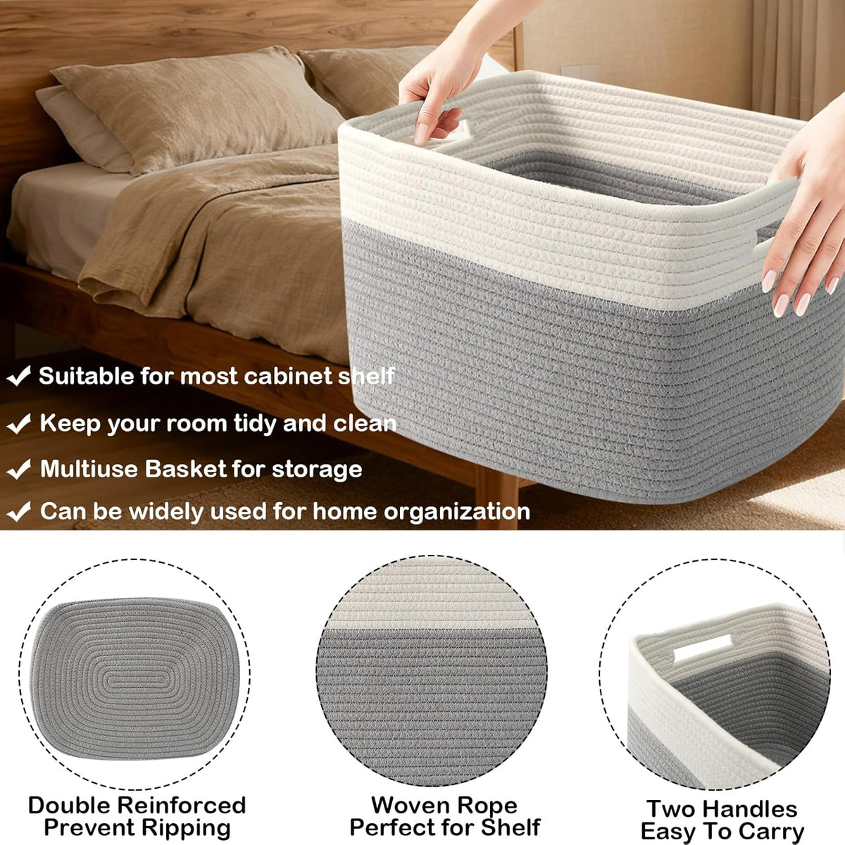 3 Pack Woven Rope Storage Baskets for Shelves,13.5"×11"×9.5" Storage Bins with Handles,Empty Gift Baskets,Nursery Organizer for Toys,Towels,Books,Closet,Living Room,Bedroom (White & Brown)