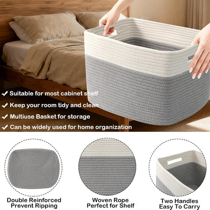 3 Pack Woven Rope Storage Baskets for Shelves,13.5"×11"×9.5" Storage Bins with Handles,Empty Gift Baskets,Nursery Organizer for Toys,Towels,Books,Closet,Living Room,Bedroom (White & Brown)