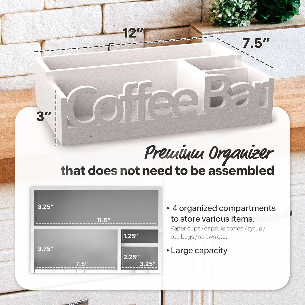 Coffee Bar Organizer for Countertop – Wooden Coffee Caddy with Compartments for Pods, Sugar Packets, and Accessories – Coffee Condiment Station Storage for Home and Office (Black)