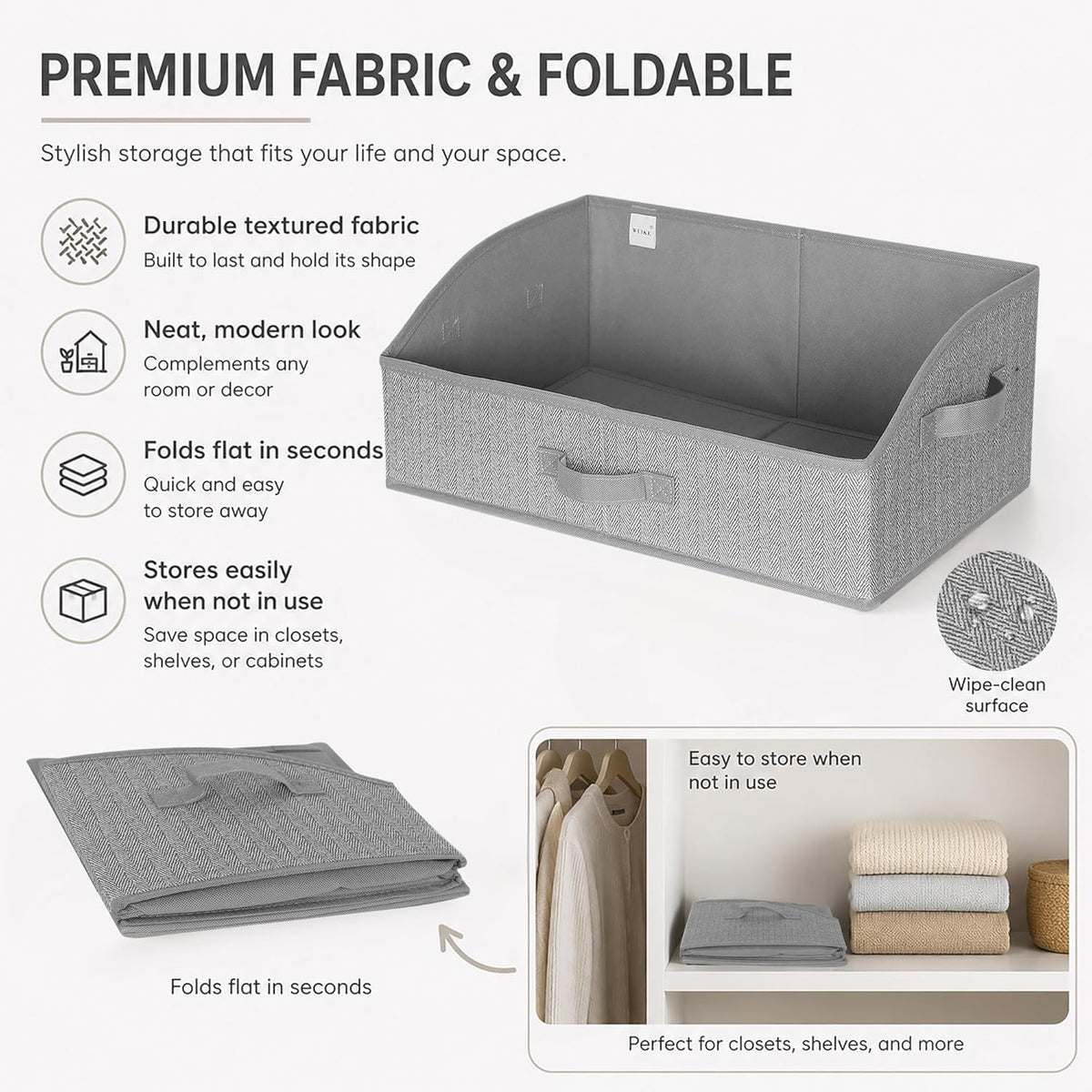 WUIKE Closet Organizers and Storage, Trapezoid Storage Bins, Fabric Closet Bins with Handles, Foldable Storage Baskets for Clothes, Purse, Blanket, Herringbone Gray, Extra Large