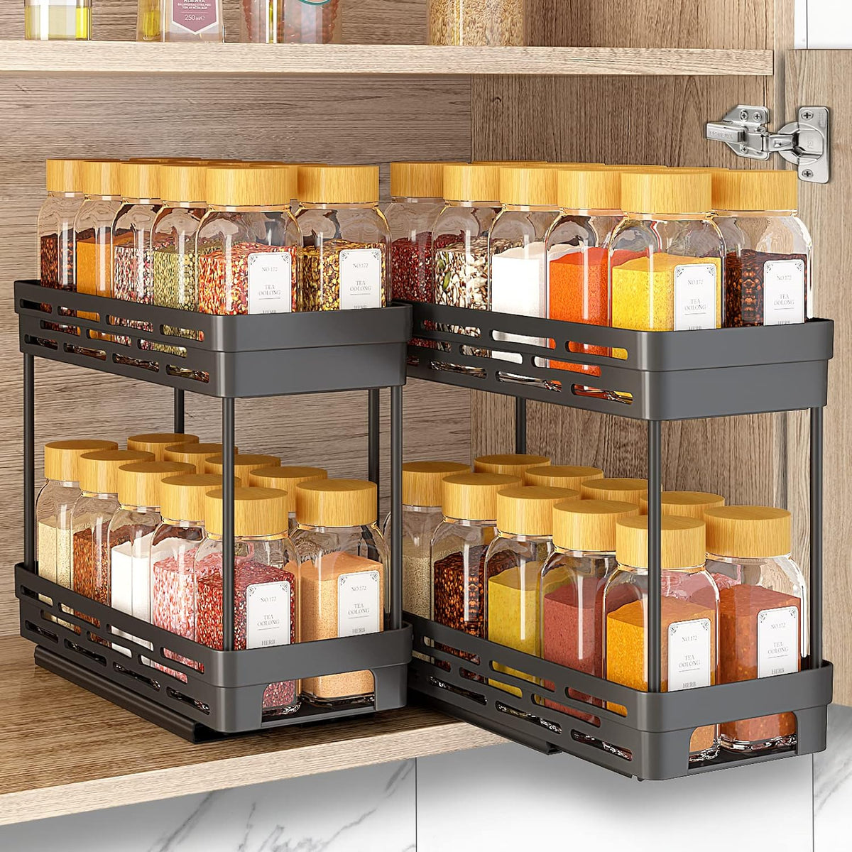 Pull Out Spice Rack Organizer for Cabinet, Slide Out Spice Racks Organizer, Spice Cabinet Organizers, Cabinet Size Need:12'' Highx11'' Deepx5'' Wide,Hold 10 Spice Jar Each Tier-2Tier, Black
