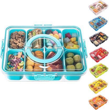 Dingerjar Divided Serving Tray with Lid and Handle - Snackle Box Charcuterie Container for Portable Snack Platters - Clear Organizer for Candy, Fruits, Nuts, Snacks - Perfect for Party, Entertaining