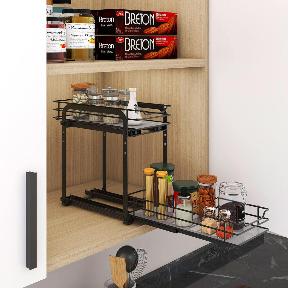 BOIVSHI 2-Tier Spice Rack, Pull Out Cabinet Organizer Spice Racks Height Adjustable Heavy Duty Metal Basket for Inside Cabinets & Pantry Closet(9.5''Wx10.5''Dx9.5''H)