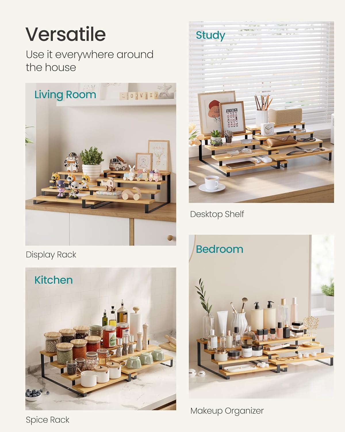 SONGMICS Display Risers, Set of 2 Engineered Wood Perfume Organizer Stand, 4-Tier Cupcake Stand Holder, Spice Rack, Shelf Risers for Figures, Dessert Shelves, Natural Beige and Cloud White UKCS216N02
