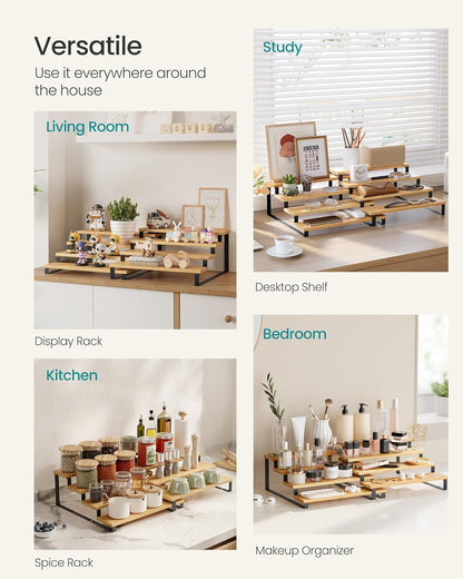 SONGMICS Display Risers, Set of 2 Engineered Wood Perfume Organizer Stand, 4-Tier Cupcake Stand Holder, Spice Rack, Shelf Risers for Figures, Dessert Shelves, Natural Beige and Cloud White UKCS216N02