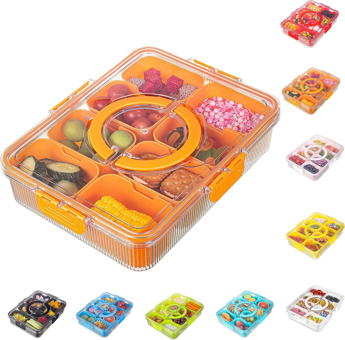 Patent Design Ribbed Snackle Box Container Snack Container Divided Serving Tray with Lid and Handle, 8 Divider Portable Snacklebox for Travel Beach for Charcuterie Veggie Fruit Candy,1 Pack