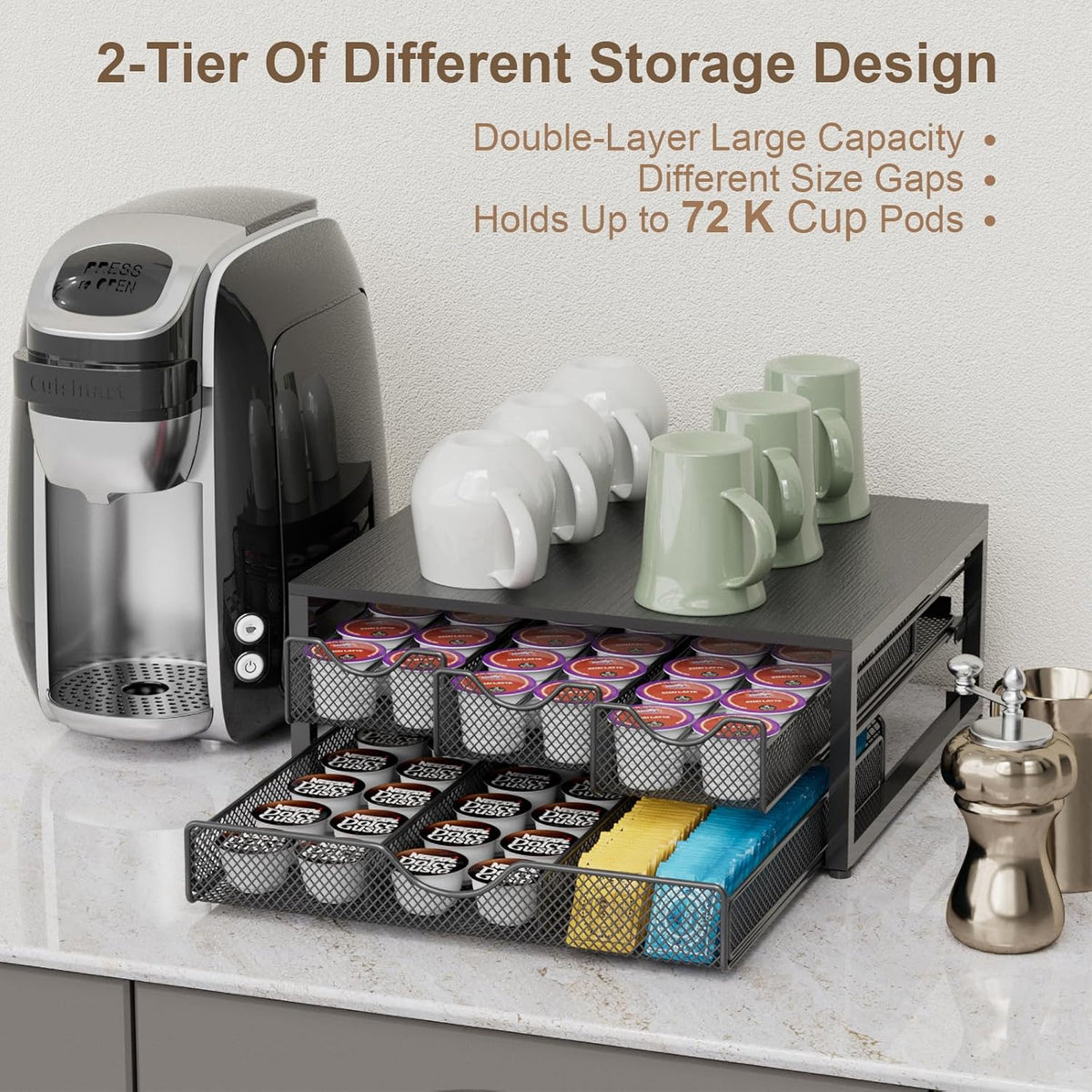 Coffee Pod Holder For Counter, 3 Pull-Out 72 K-Cup Holder Drawer, Wooden Cafe Pods Storage Organizer with Sliding Drawers for Coffee Station, Home, Kitchen, Office, Dorm (Black)