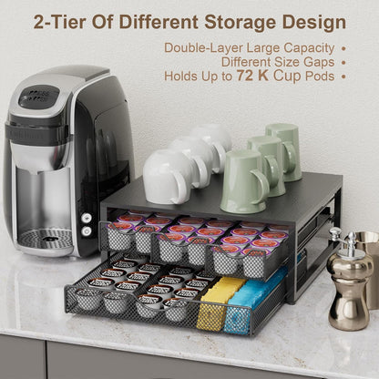 Coffee Pod Holder For Counter, 3 Pull-Out 72 K-Cup Holder Drawer, Wooden Cafe Pods Storage Organizer with Sliding Drawers for Coffee Station, Home, Kitchen, Office, Dorm (Black)