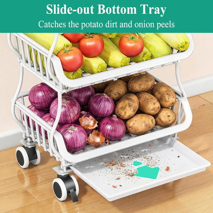 SAYZH Fruit Basket Kitchen Pantry Organizers and Storage - Wooden Top Table, Stackable Metal Wire Basket Stand Cart for Fruit Vegetable Snacks Onion Potato Organization (Black, 5 Tiers)