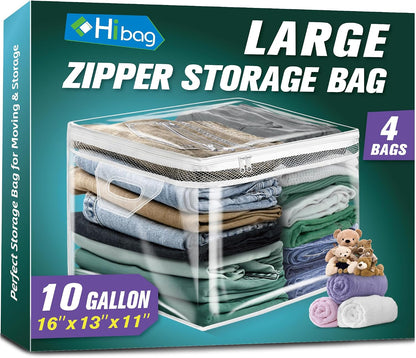 HIBAG 20 Gallon Large Storage Bag for Clothes, Zipper Clothing Storage Bag, Clear Organizer with Reinforced Handles, for Comforters Blankets Pillows Bedding
