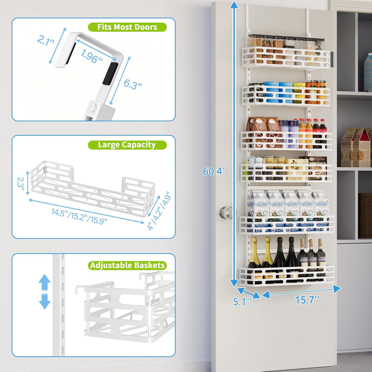 6-Tier Over the Door Pantry Organizer, Pantry Organization And Storage, Hanging Storage Organizer Spice Rack Metal Shelving for Home & Kitchen, Office Laundry Room Bathroom Black