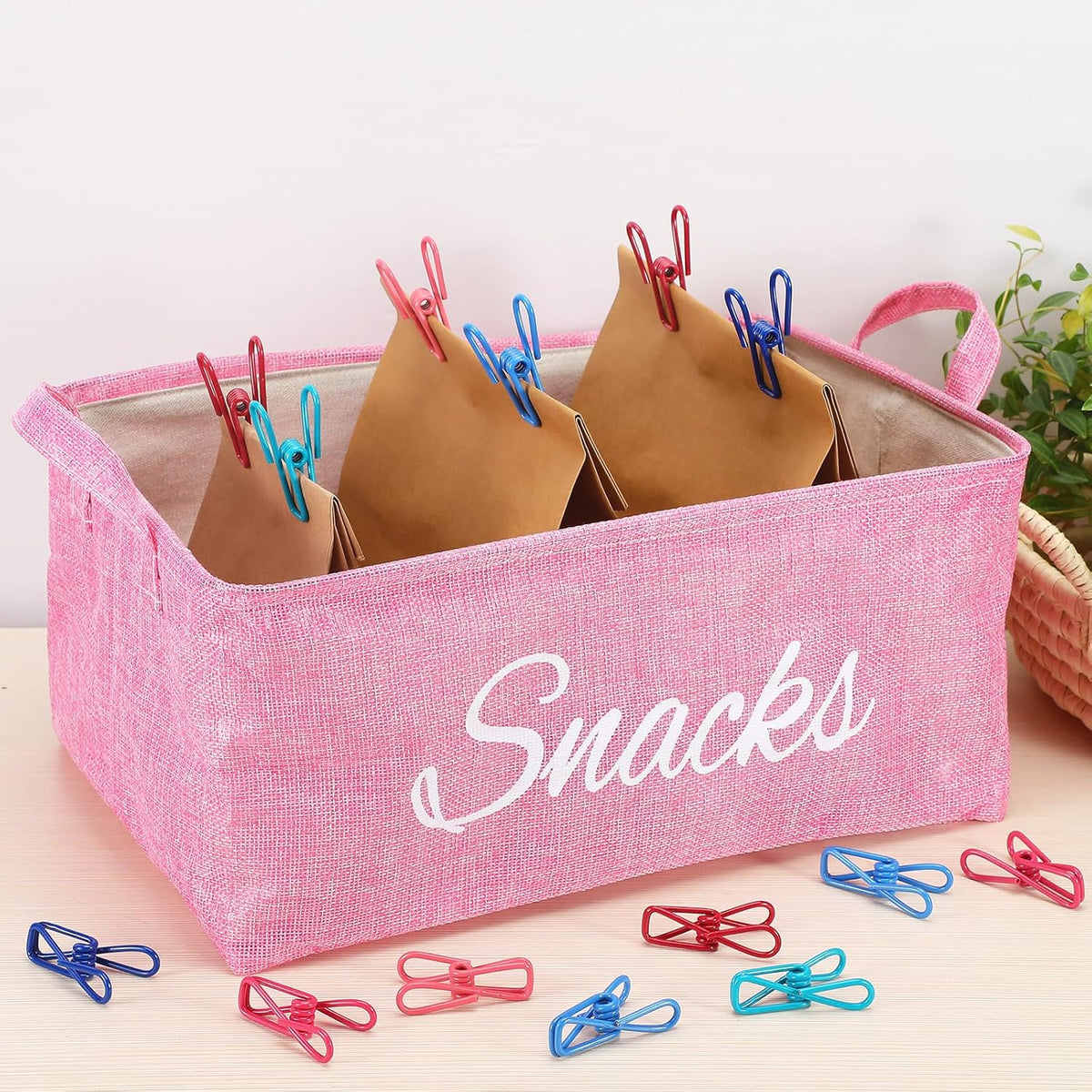 Newtay 17 Pcs Snack Basket Sets, Snack Storage Bin for Pantry Shelves with 16 Pcs 2 Inch Chip Clips, Basket Organizer for Kitchen Home, Chips, Popcorn, Candy, Pretzels(Burlap,Khaki)