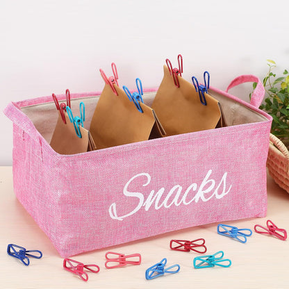 Newtay 17 Pcs Snack Basket Sets, Snack Storage Bin for Pantry Shelves with 16 Pcs 2 Inch Chip Clips, Basket Organizer for Kitchen Home, Chips, Popcorn, Candy, Pretzels(Burlap,Khaki)