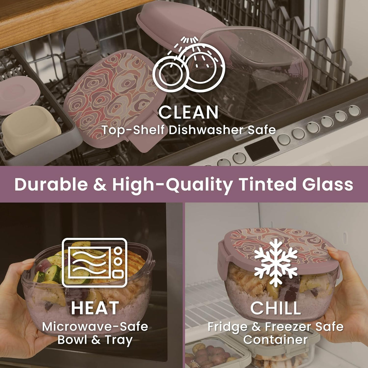 Bentgo Glass Prints Salad Container - 7.6-Cup Tinted Glass Salad Bowl with Airtight Lid, Leak-Proof Sauce Container, 4-Compartment Bento Meal Prep Tray & Reusable Fork (Floral Maximalist - Sea)