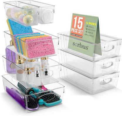 Sorbus Small Clear Plastic Storage Bins for Organizing, Clear Organizer Bins with Handles, Plastic Storage Bins for Closet, Pantry, Fridge, Medicine Cabinet Organizer, Shelves, Freezer, Drawer