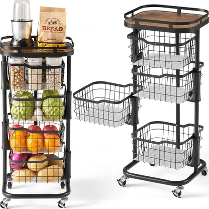 5 Tier Kitchen Fruit Vegetable Storage Cart with One-Piece Rotating Basket, Pantry Organizer Shelf Rack Floor Stand for Veggie Onion Potato Produce Spice, Rolling Snack Cart on Wheels, Black