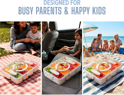 Travel Snack Container for Kids – Snackle Box with 8 Removable Compartments, Utensils and Recipe QR – Snack Box for Road Trips, Beach, Picnic and School Lunch