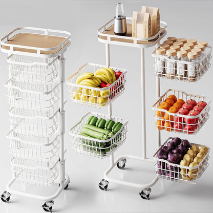 5 Tier Kitchen Fruit Vegetable Storage Cart with One-Piece Rotating Basket, Pantry Organizer Shelf Rack Floor Stand for Veggie Onion Potato Produce Spice, Rolling Snack Cart on Wheels, Black