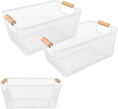 2 Pack 12" Wide Metal Mesh Baskets with Bamboo Handles for Pantry Organization | Wire Storage Bins for Kitchen, Cabinet, Fruit & Snacks | Decorative Farmhouse Style Organizer