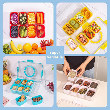 Patent Design Ribbed Snackle Box Container Snack Container Divided Serving Tray with Lid and Handle, 8 Divider Portable Snacklebox for Travel Beach for Charcuterie Veggie Fruit Candy,1 Pack