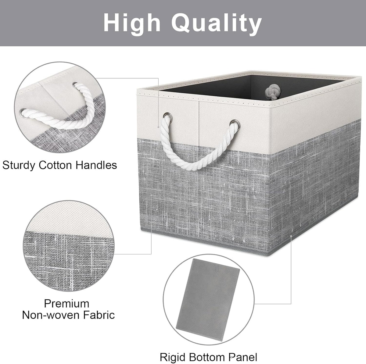 Fab totes Storage Bins, Foldable Storage Baskets for Organizing Toys, Books, Shelves, Closet, Large Storage Box with Rope Handles, Sturdy Organizer Bins, White & Grey