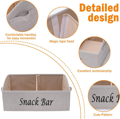 Snack Organizer for Countertop, Fabric Snack Organizer with Handles, 2 Large Compartment Snack Container Snack Basket, Snack Bar Station Decor, Kitchen Pantry Organizer and Storage, Black
