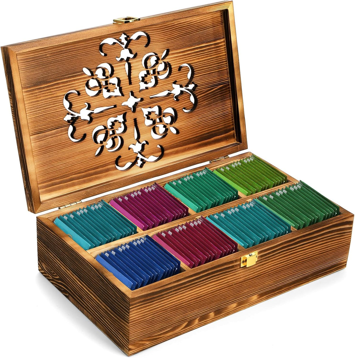 Coloch Wooden Tea Bag Storage Box with Carved Lid, 8-Compartment Tea Chest Organizer Spice Packets Container for Living Room, Kitchen, Office, Home Decor