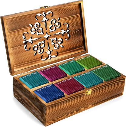 Coloch Wooden Tea Bag Storage Box with Carved Lid, 8-Compartment Tea Chest Organizer Spice Packets Container for Living Room, Kitchen, Office, Home Decor