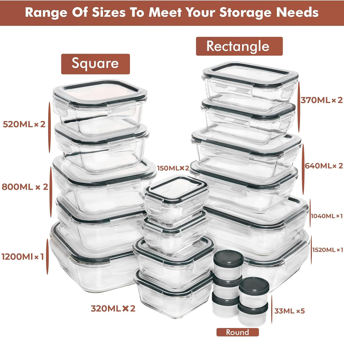 Razab 35 Pc Set Glass Food Storage Containers with Lids - Meal Prep Airtight Bento Boxes BPA-Free 100% Leak Proof (15 lids,15 glass & 5 Plastic Sauce/Dip Containers)